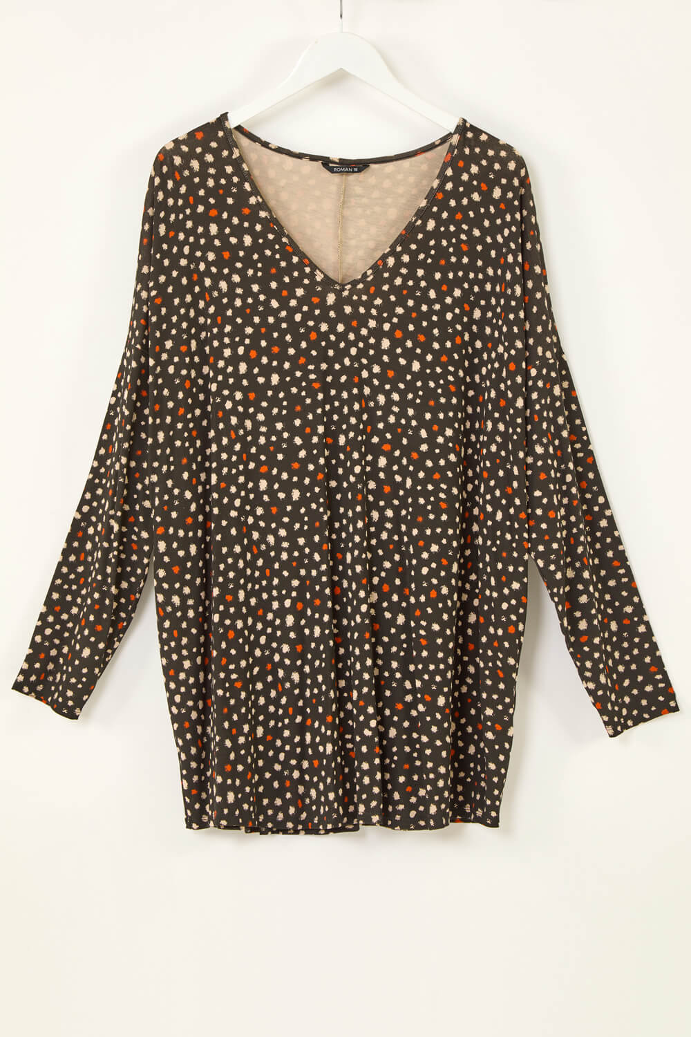 Roman Curve Women's Black Spotted V-Neck Stretch Top Size 16