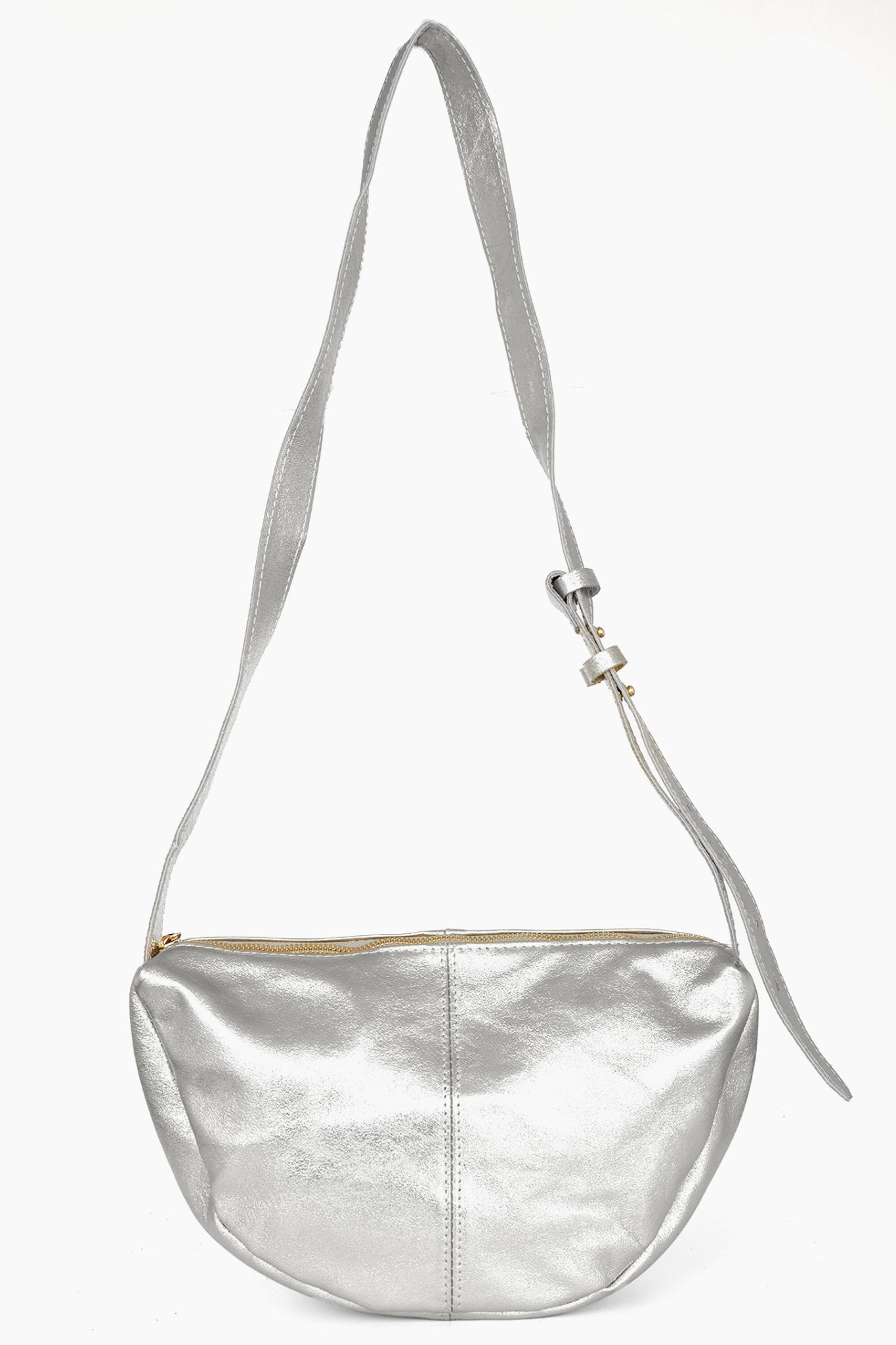 Silver Metallic Leather Half Moon Crossbody Bag, Image 1 of 3