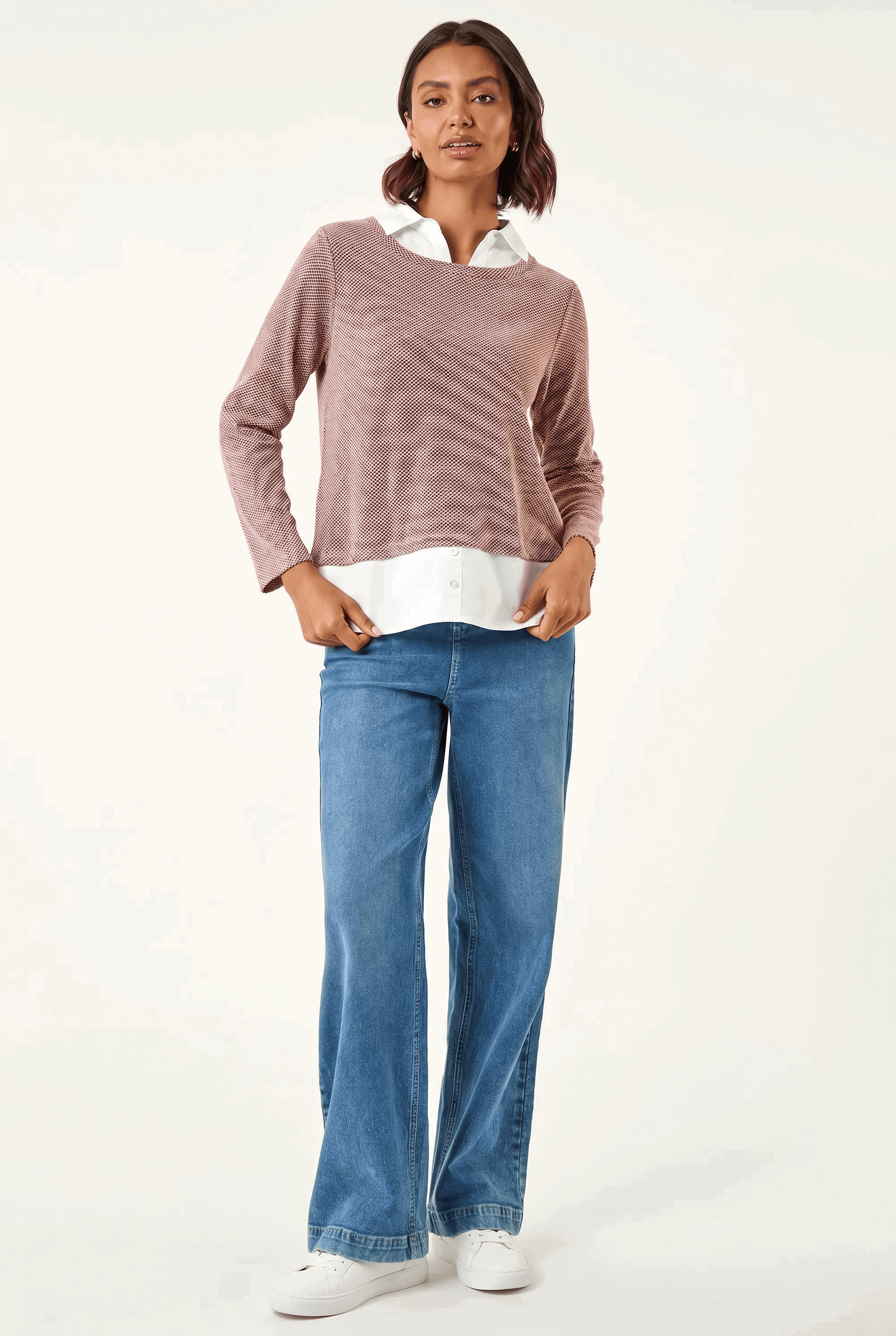 Roman Women's Pink 2-In-1 Mock Shirt Textured Knit Jumper Size 14