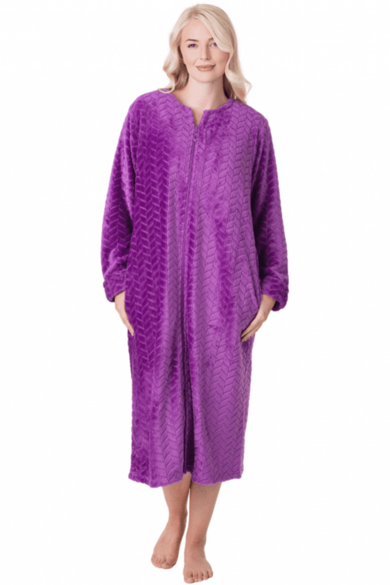 Purple Camille Lingerie Purple Supersoft Zip Front Embossed Housecoat, Image 1 of 5