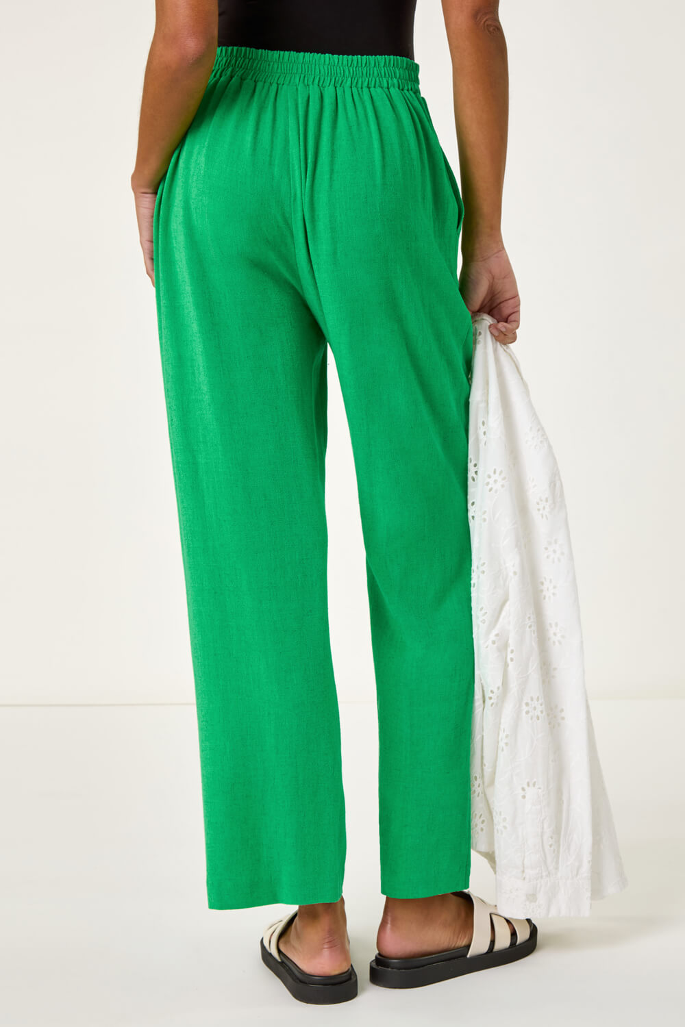 Green Elastic Waist Tie Waist Linen Blend Trouser, Image 4 of 7