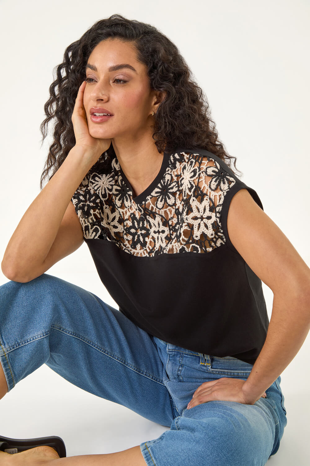 Dusk Women's Black Cotton Floral Crochet T-Shirt Size 16