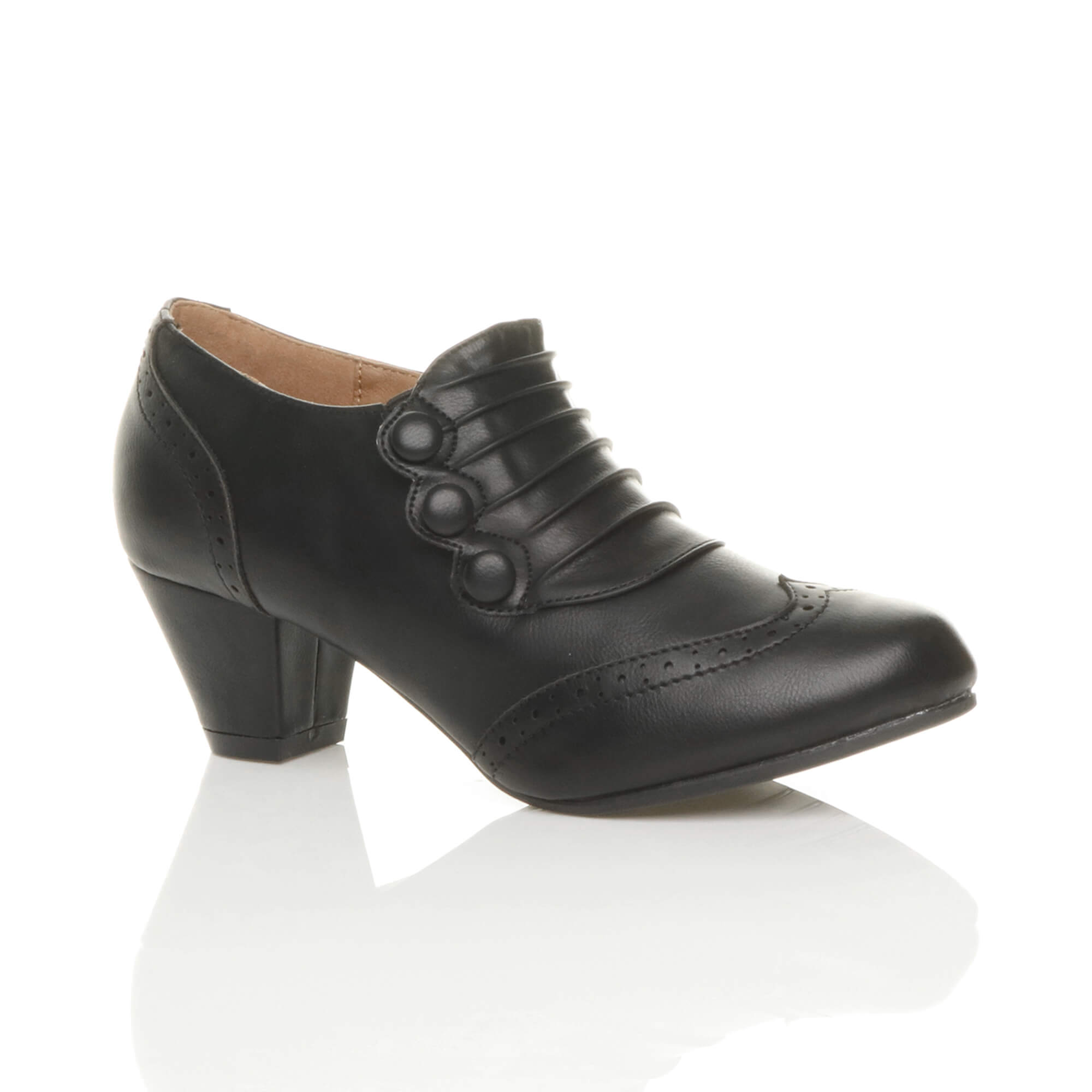 Black AJVANI Black Mid Heel Brogue Button Ankle Boots Shoe Boots, Image 1 of 6