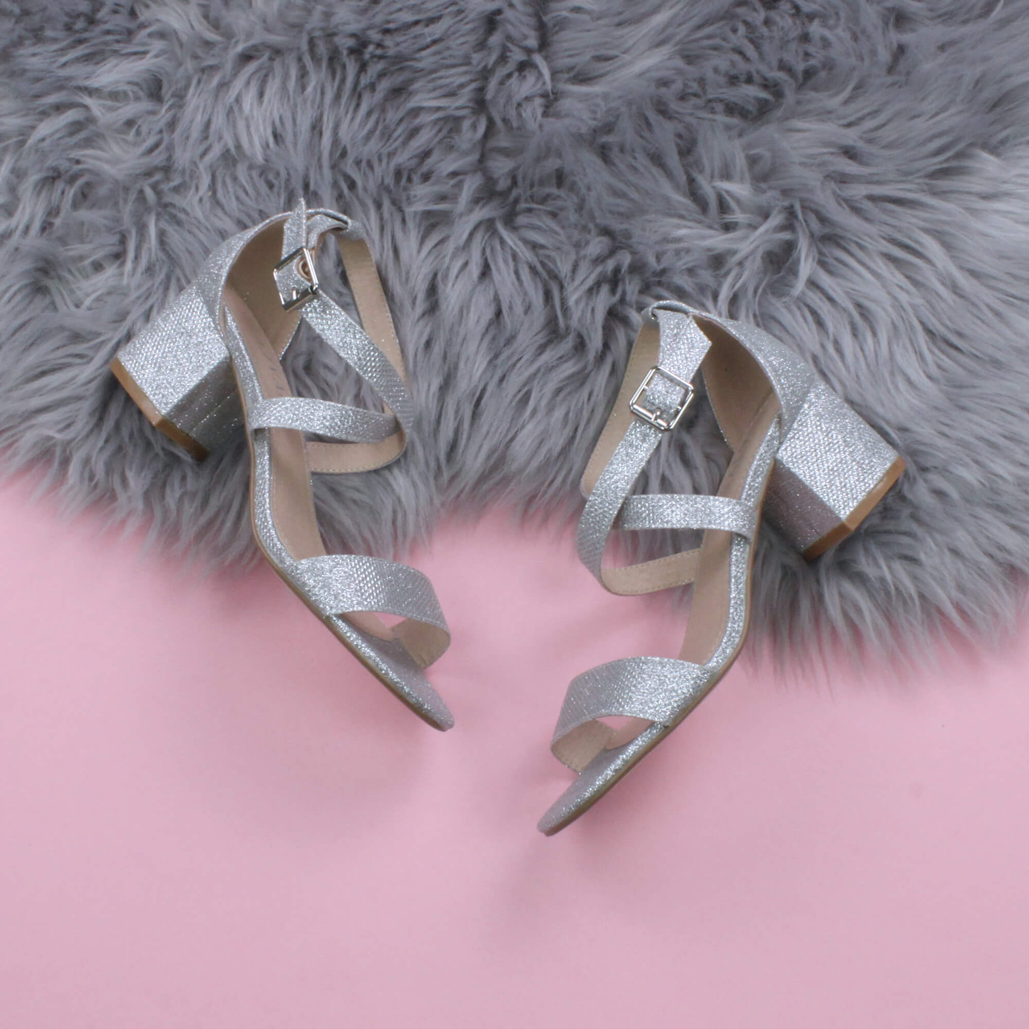 Silver AJVANI Silver Mid Block Heel Crossed Straps Sandals, Image 4 of 6