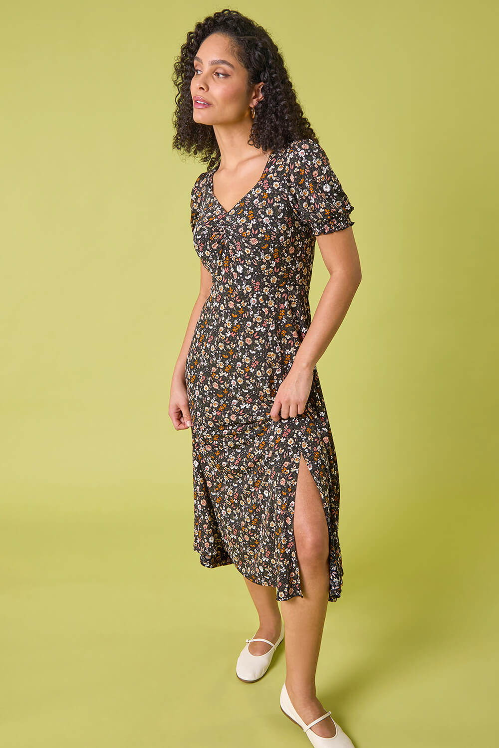 Pink Floral Ruched Midi Dress, Image 7 of 7