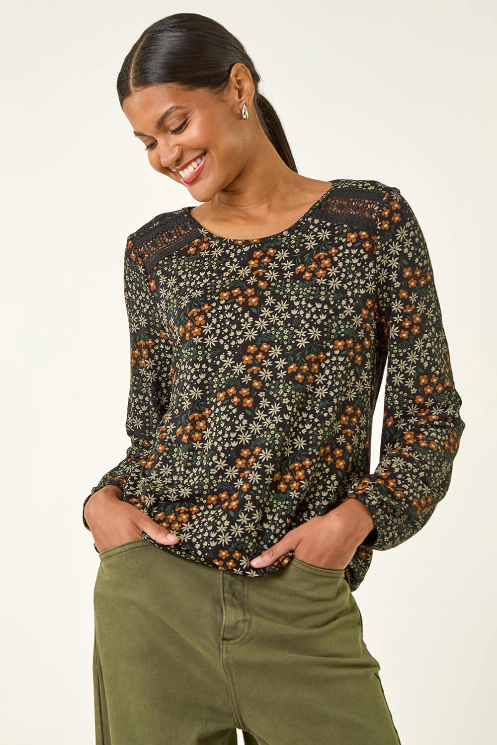 Green Printed Lace Stretch Top, Image 1 of 5