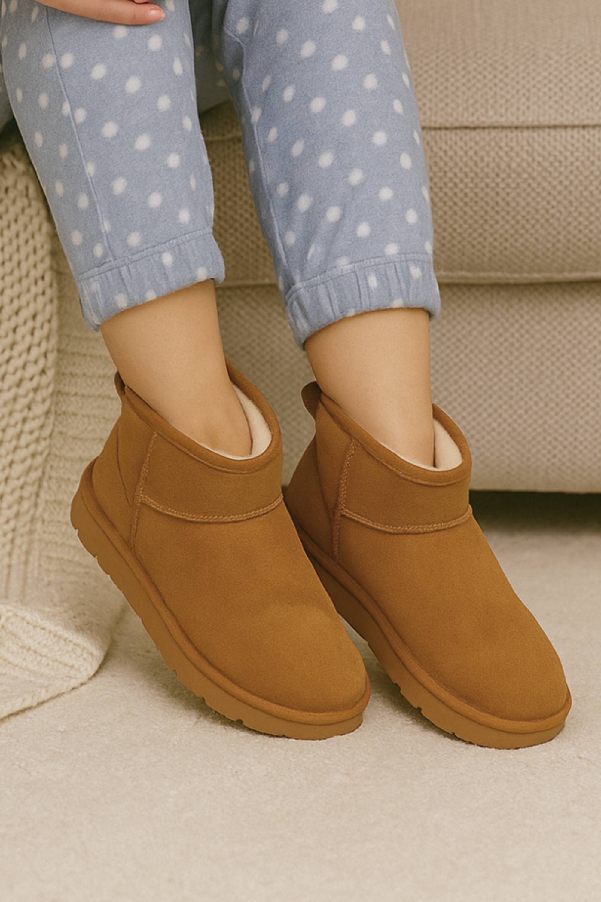 Tan AJVANI Tan Faux Fur Lined Mini Ankle Boot Slippers, Image 2 of 5