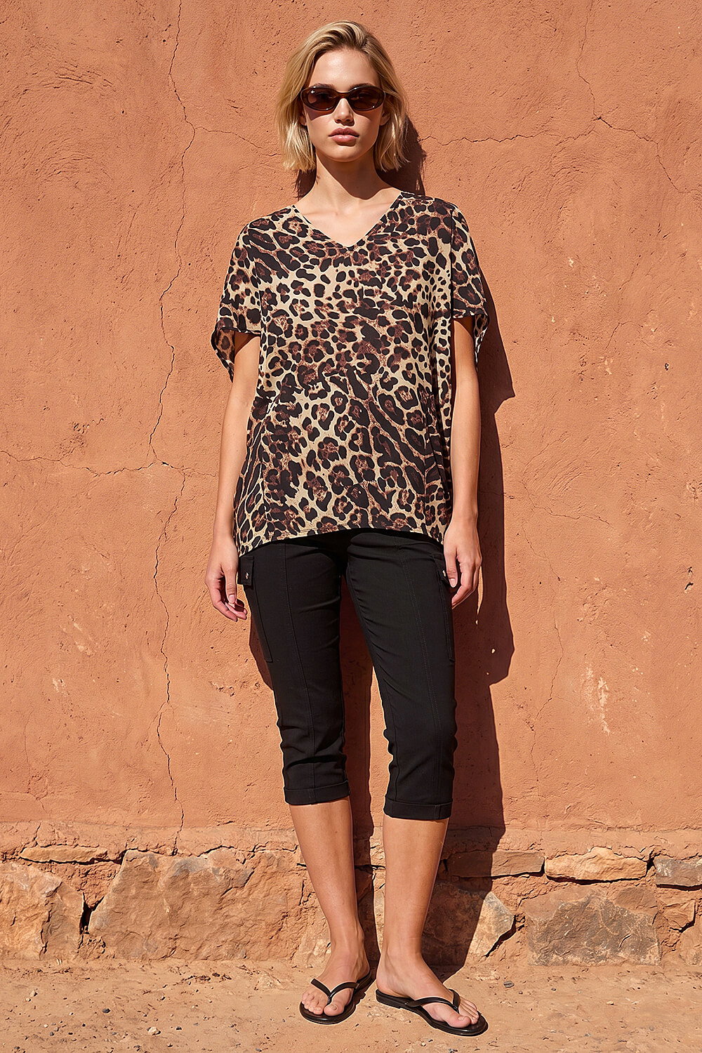 Natural Animal Print V-Neck Top, Image 3 of 4