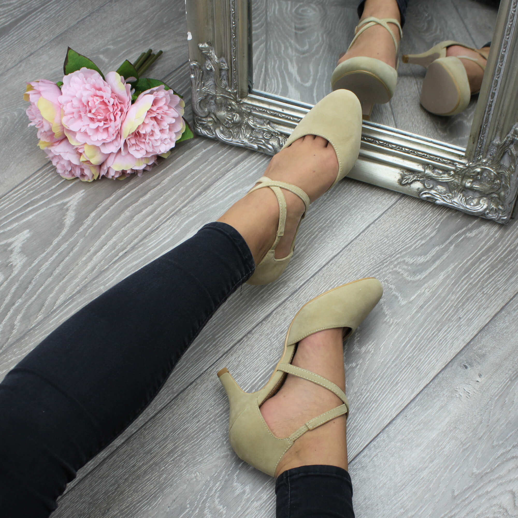 Natural AJVANI Natural Mid Heel Crossed Straps Court Shoes, Image 5 of 6