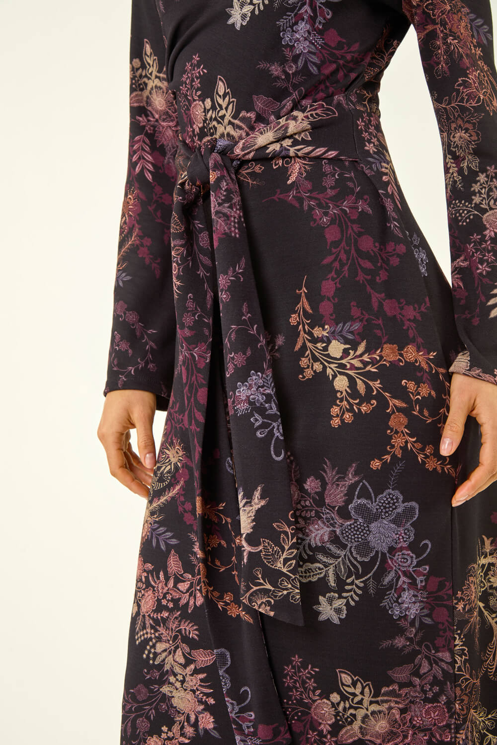 Black Dusk Floral Tie Waist Midi Dress, Image 6 of 5
