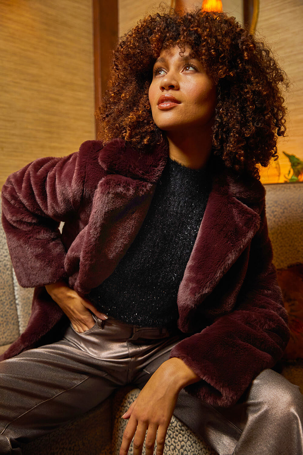 Bordeaux Faux Fur Longline Coat, Image 1 of 6