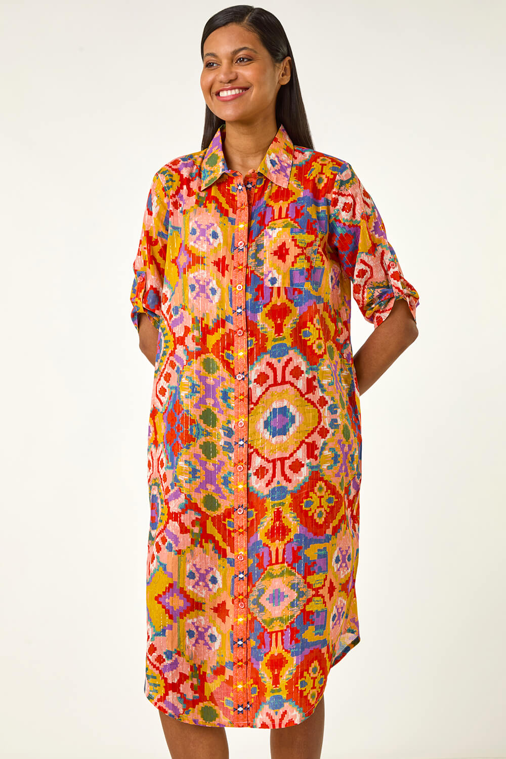 Orange Ikat Button Shirt Dress, Image 1 of 6
