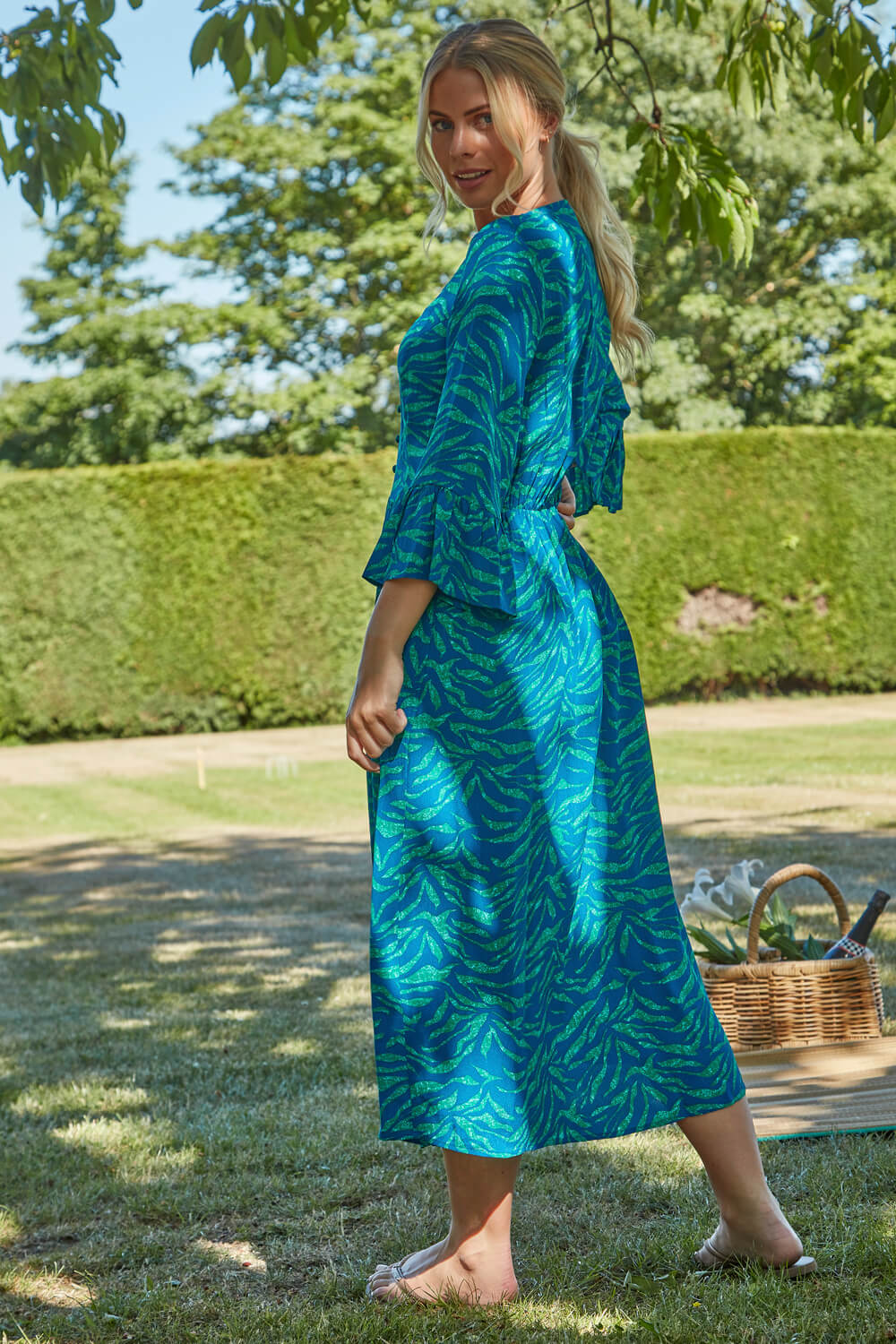 Turquoise Abstract Animal Print Button Detail Midi Dress, Image 3 of 4