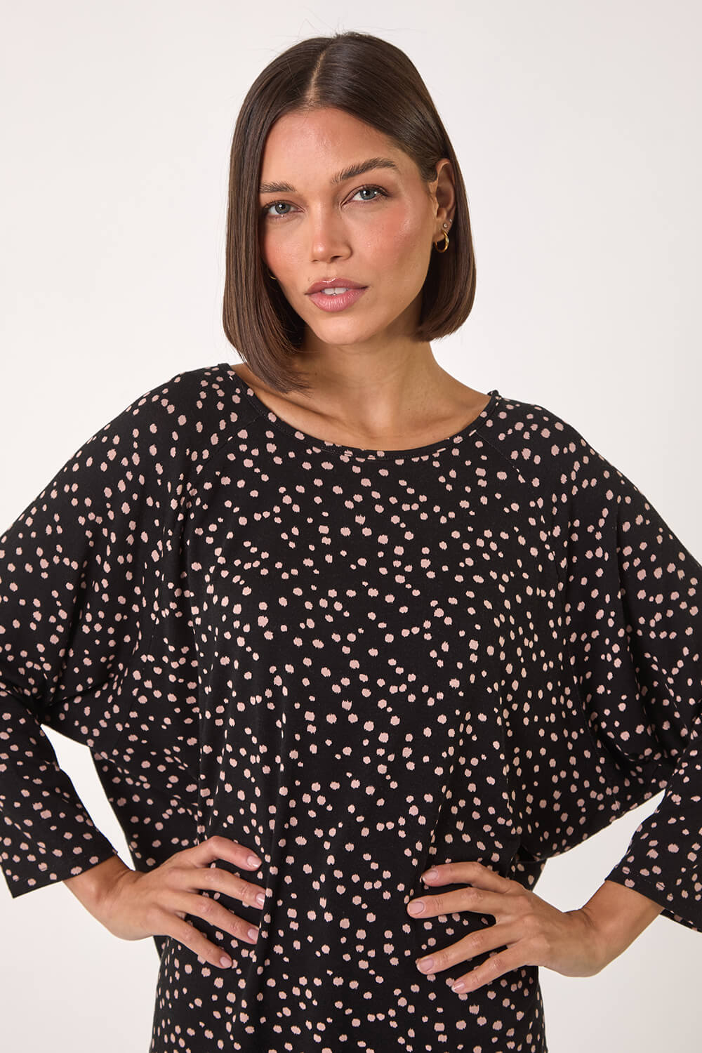 Girona Top In Beige With Black Spot Print Cotton Blend