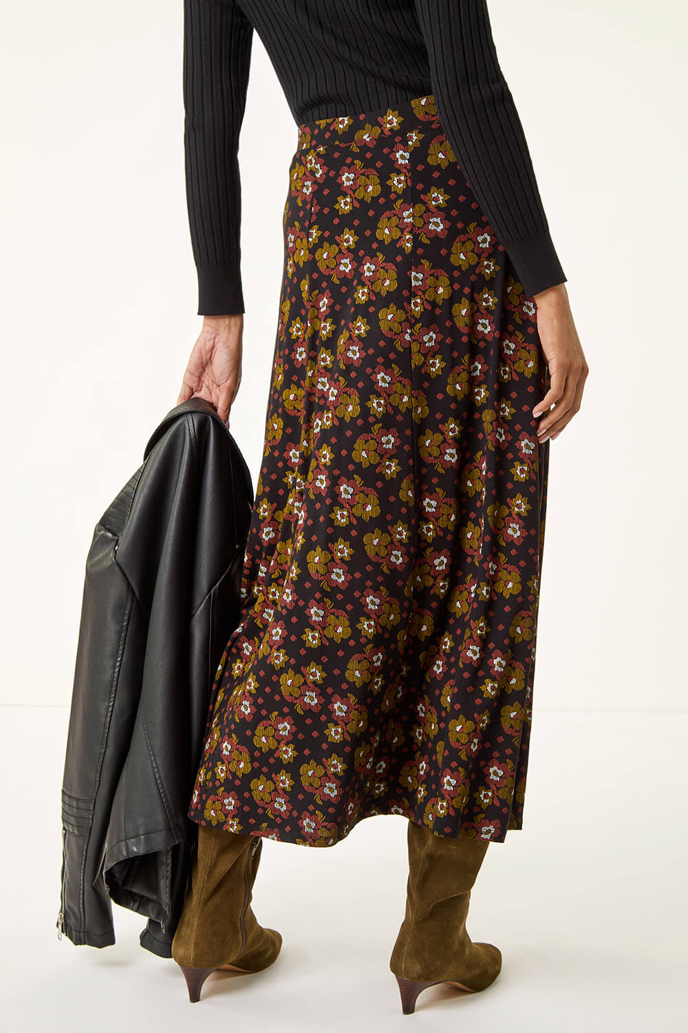 Black Floral Print Stretch Midi Skirt , Image 5 of 7
