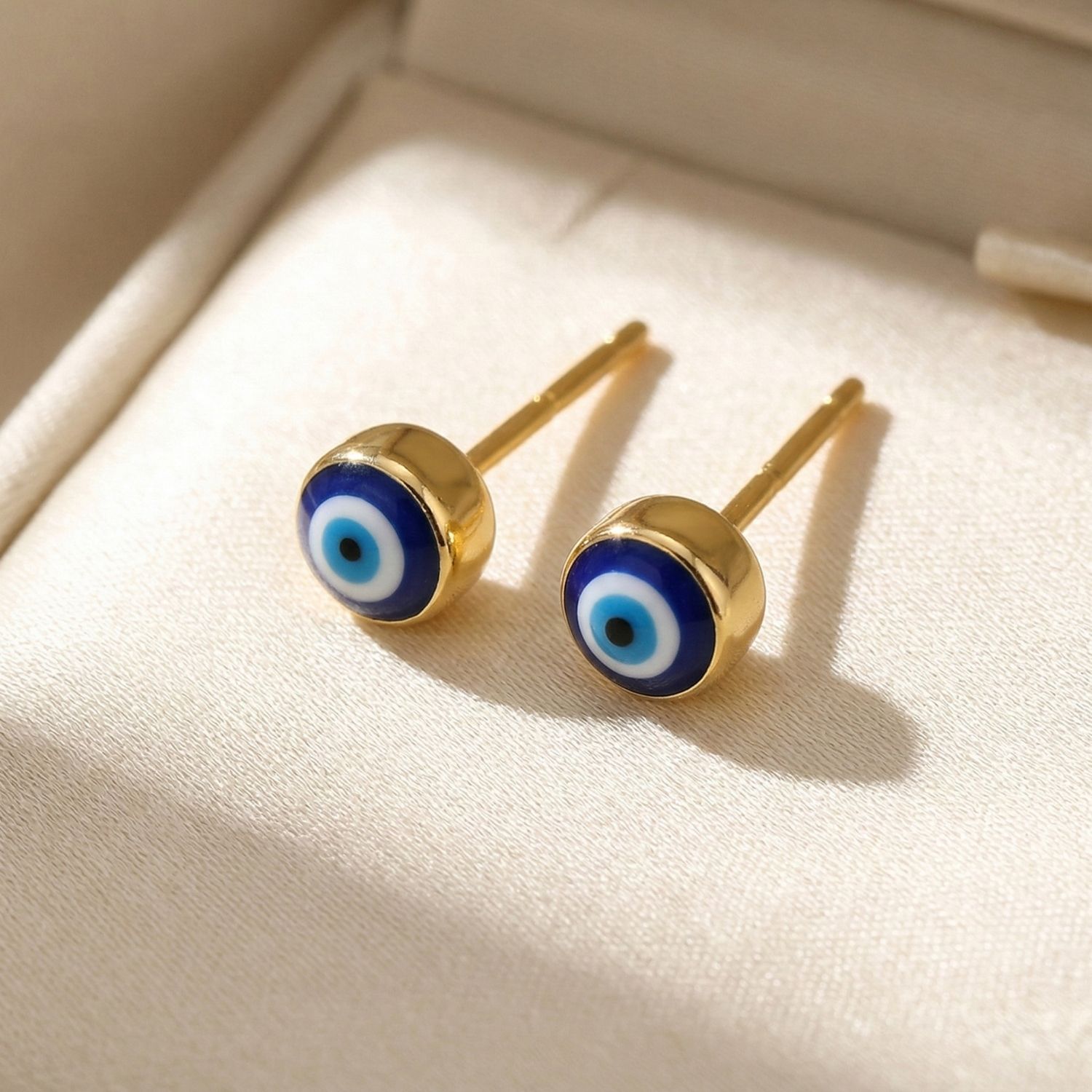 Blue Turkish Evil Eye Nazar Protective Gold Stud Earrings