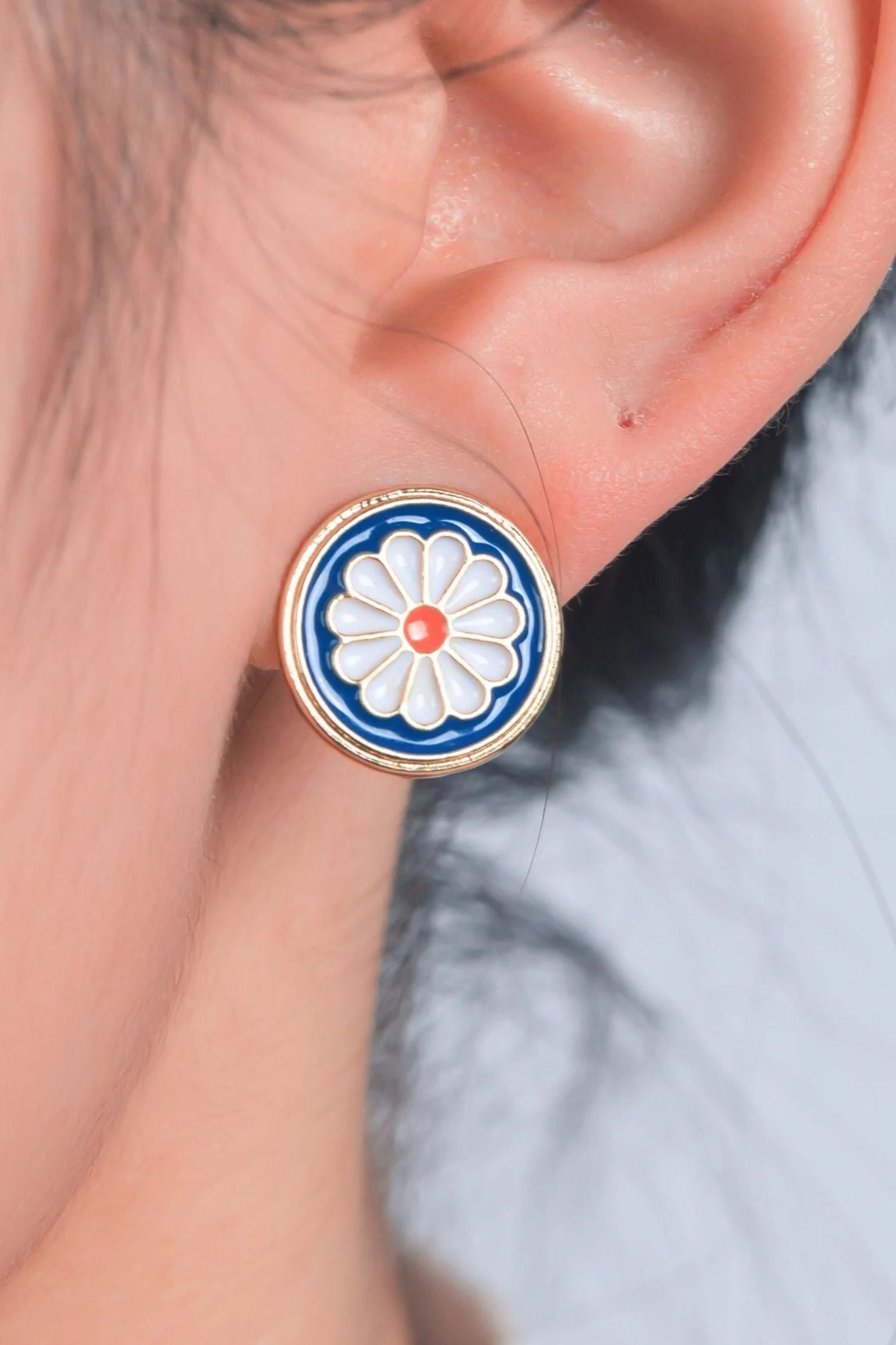 Blue Round Enamel Daisy Studs, Image 2 of 3