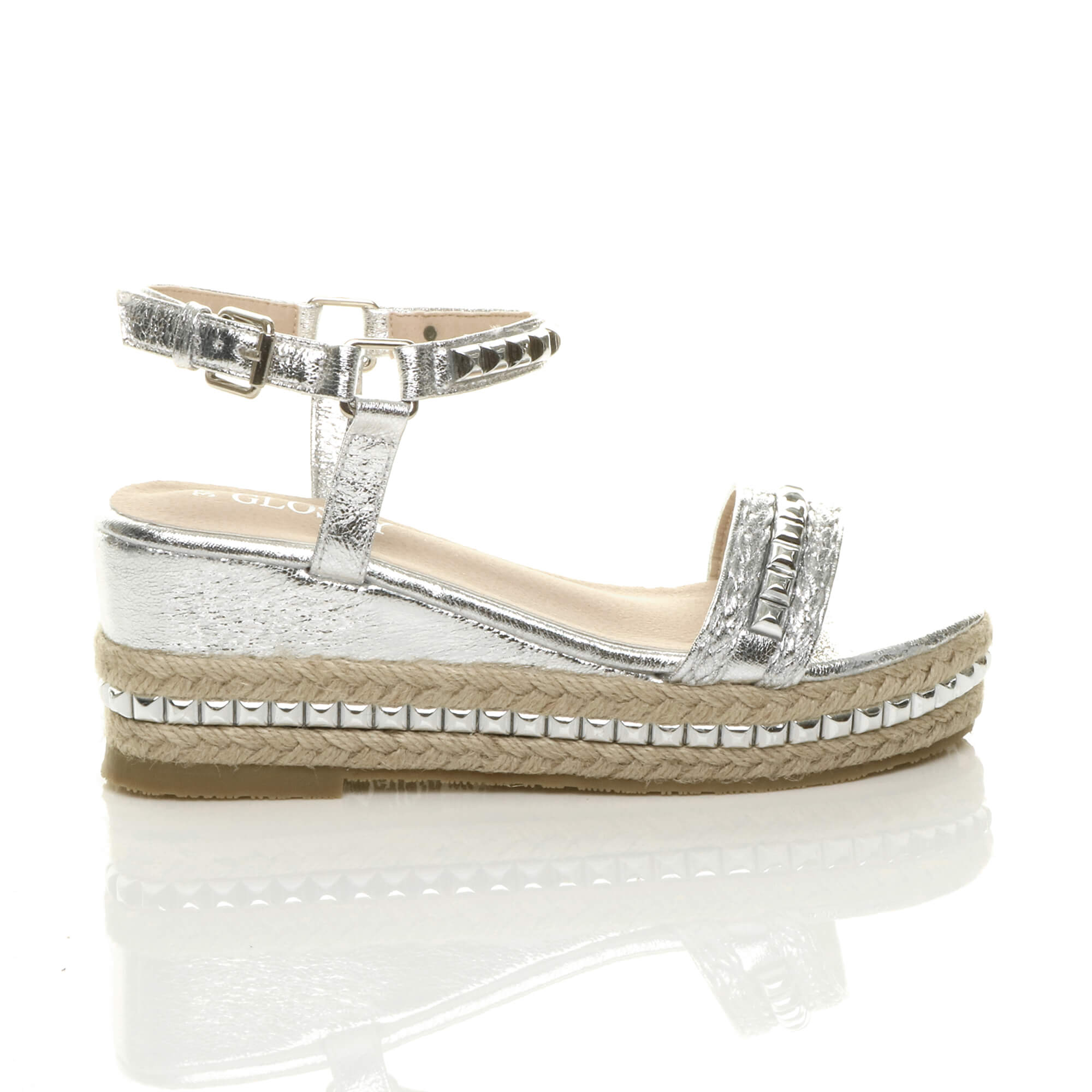Silver Mid Wedge Studded Flatform Sandals Espadrilles, Image 2 of 6