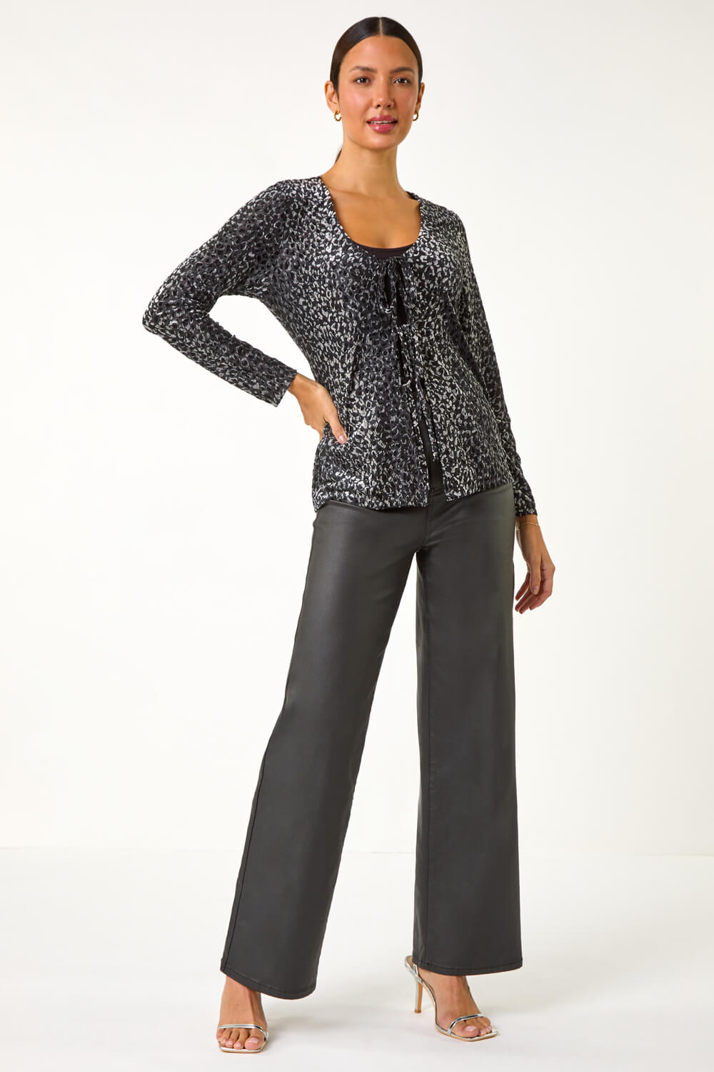 Grey Front Tie Velvet Animal Print Burnout Top, Image 3 of 7