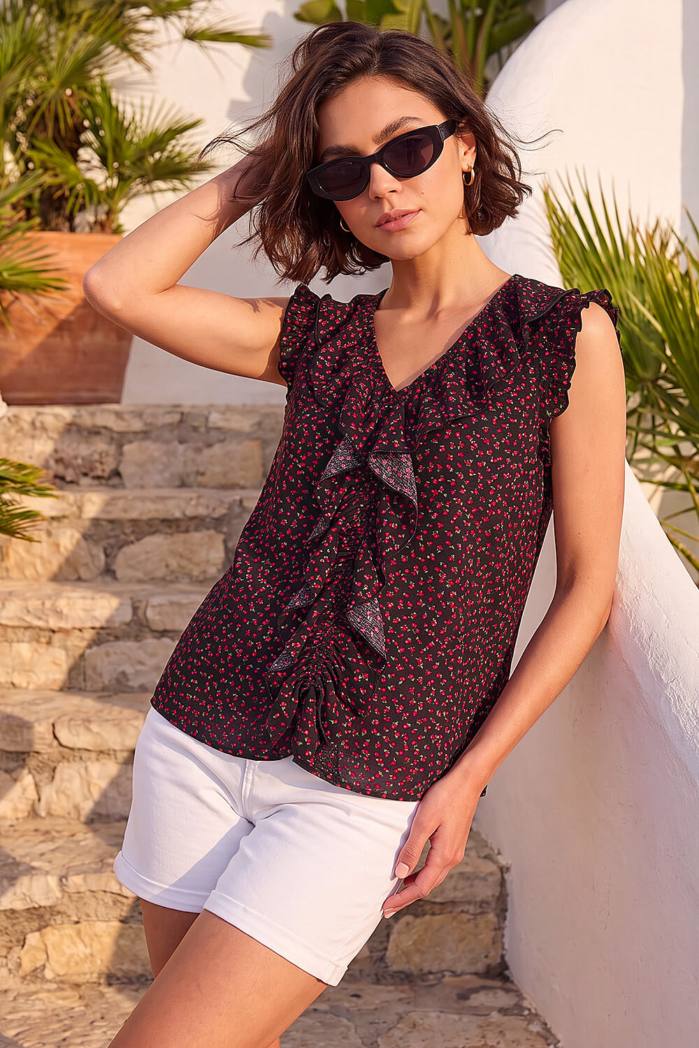 Black Floral Print Ruffle Front Top, Image 4 of 4