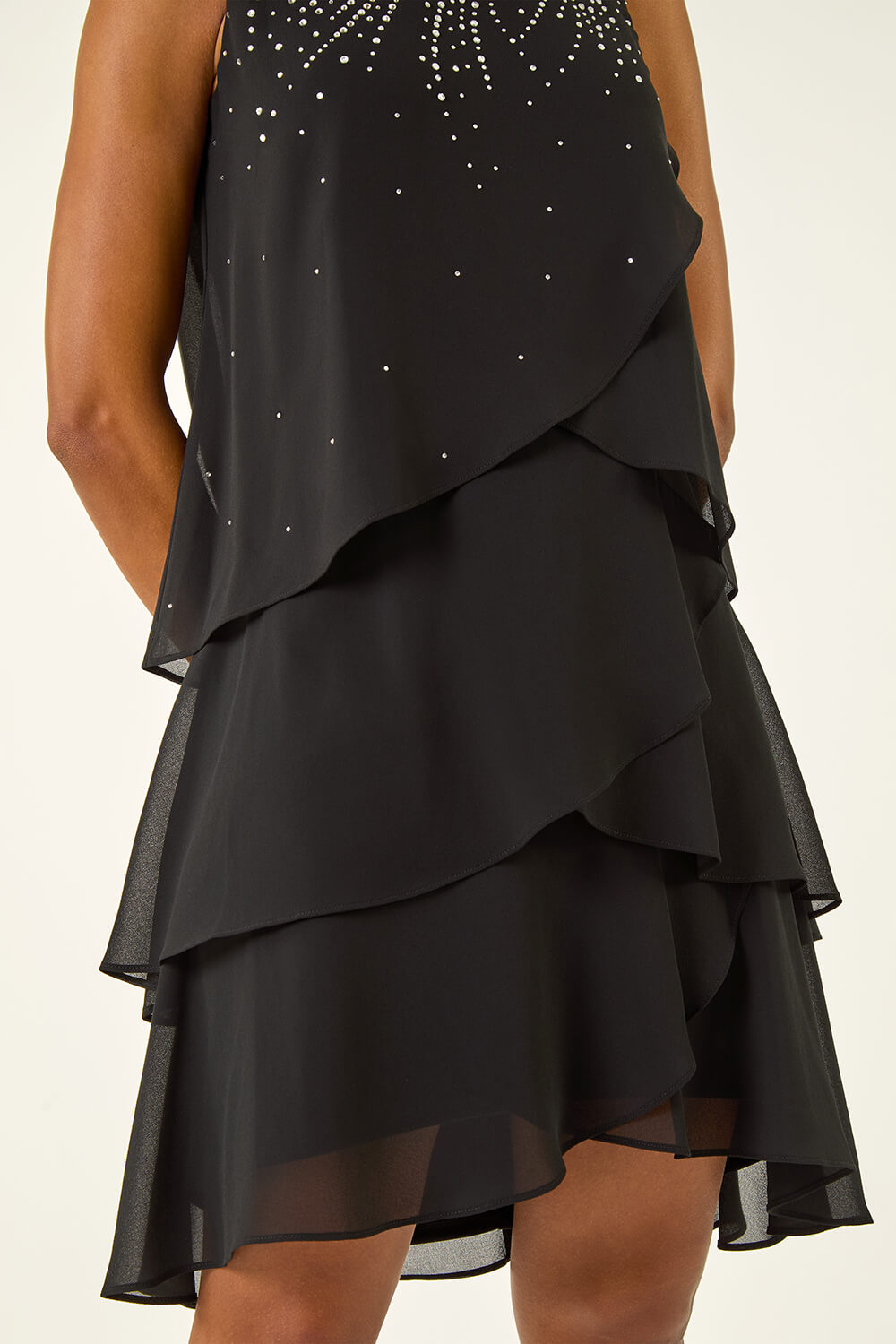 Black Embellished Tiered Swing Dress, Image 7 of 6