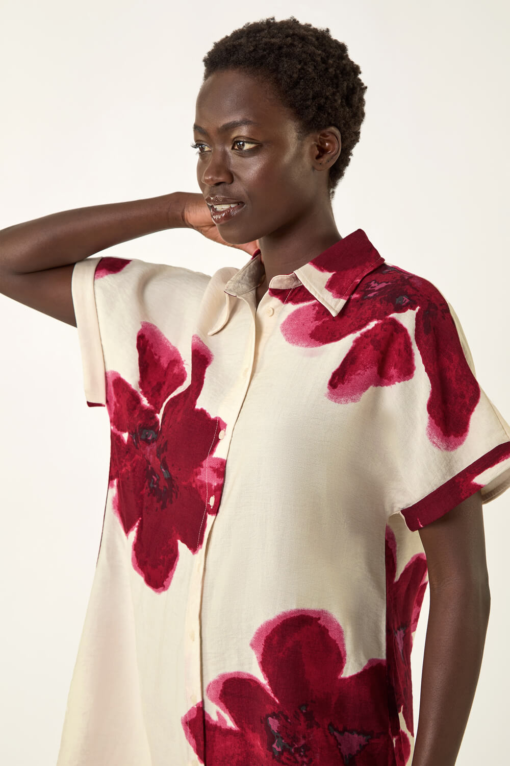 Ivory Floral Print Shift Shirt Dress, Image 3 of 6