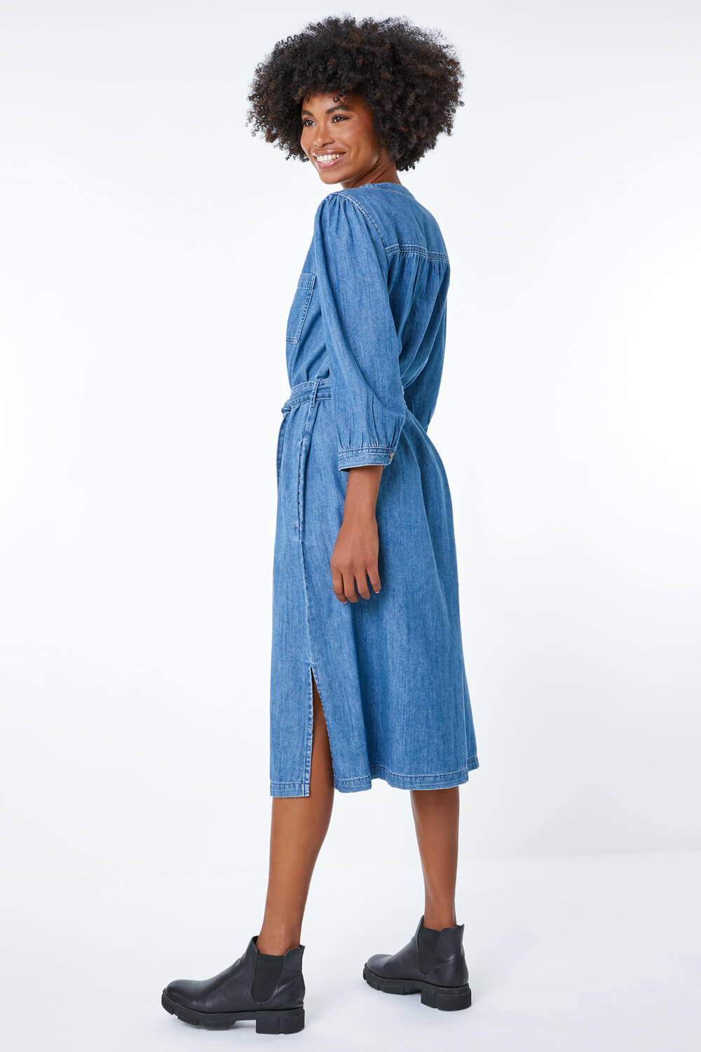 Denim Belted Denim Midi Shirt Dress, Image 4 of 5