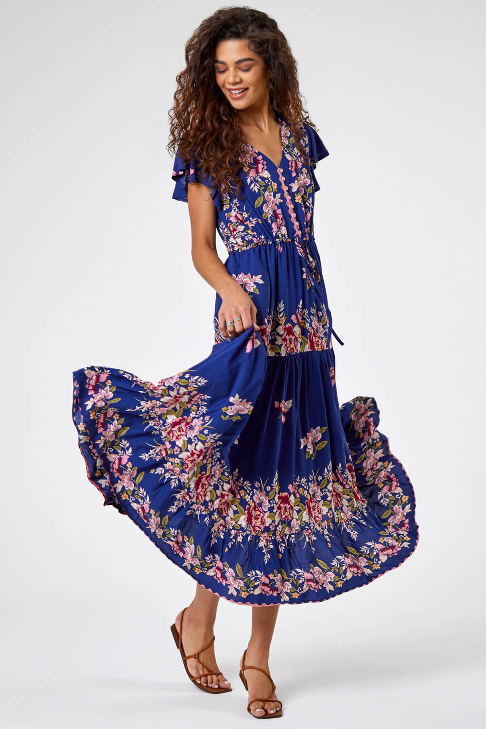 Navy Floral Print Tiered Midi Dress, Image 4 of 6