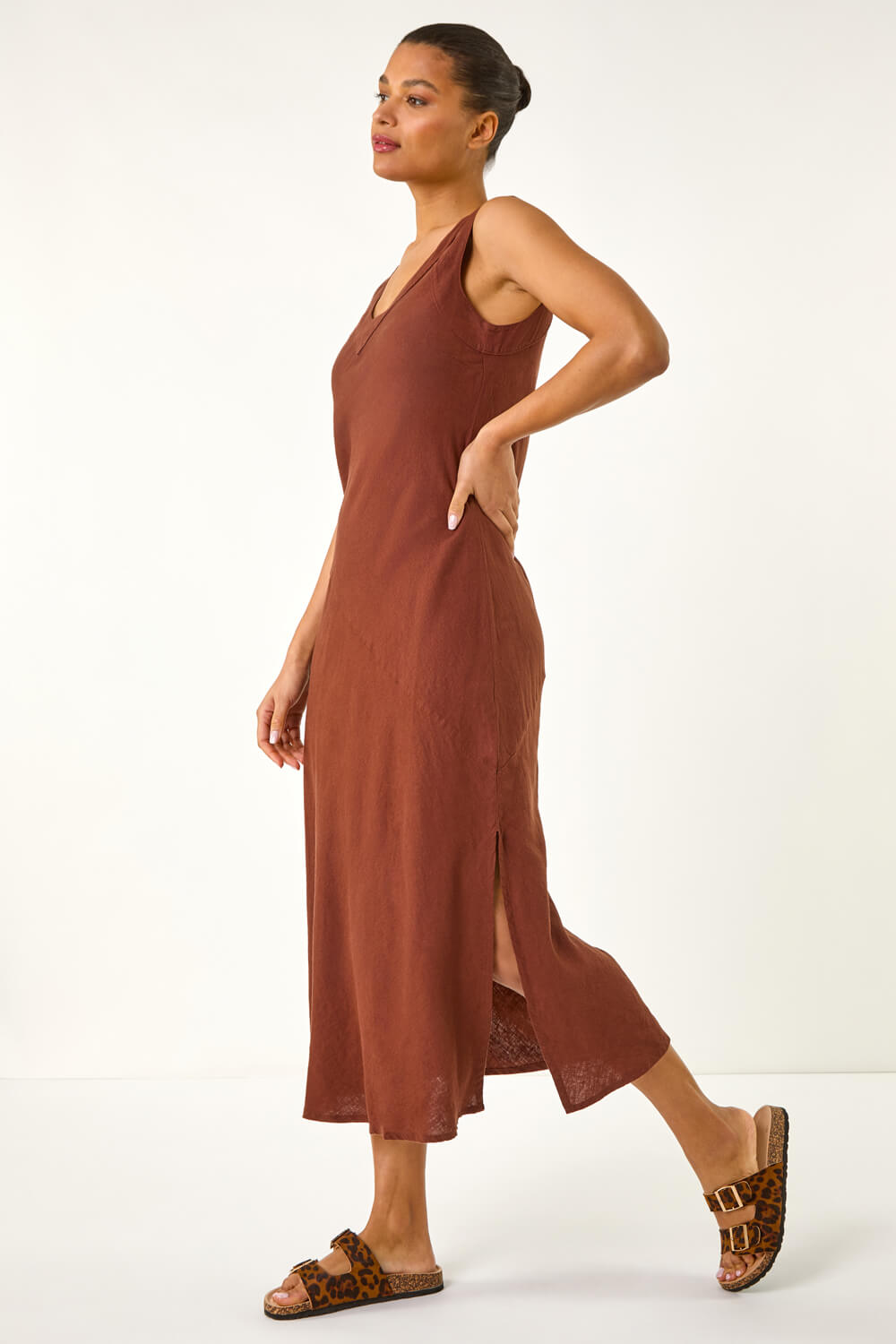 Roman Women's Chocolate Bias Linen Blend Midi Dress Size 18