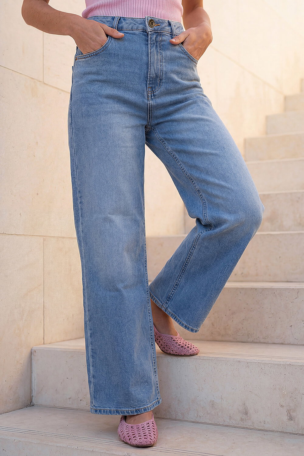 Light Denim Wide Leg Stretch Jean, Image 3 of 4