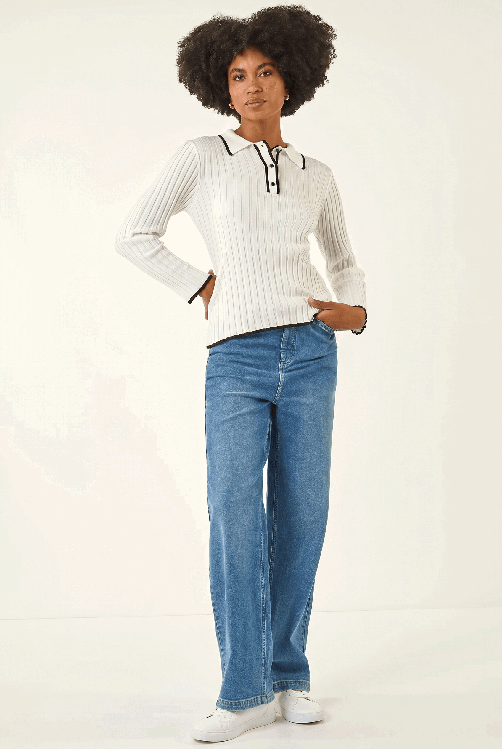 Roman Women's Ivory Textured Colour Block Knit Jumper Size 14