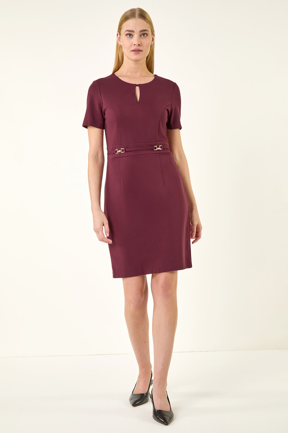 Wine Front Keyhole Belted Dress, Image 4 of 6