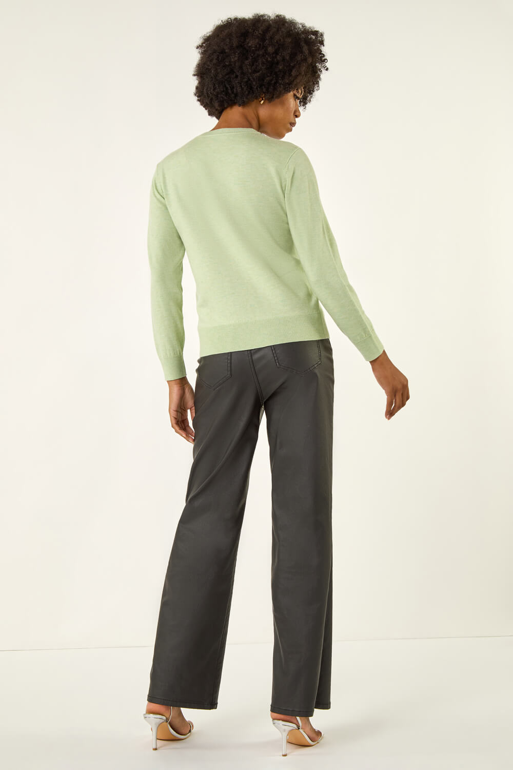 Pale Green V-Neck Sparkly Trim Jumper, Image 4 of 5