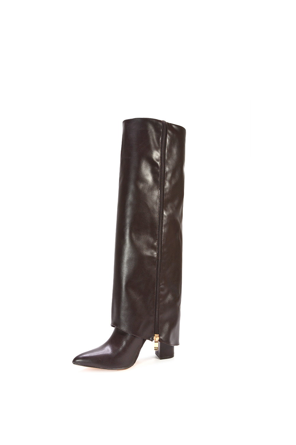 Brown XY LONDON Brown 'Allie' Knee High Boots Fold Over Point Toe Deco Zip, Image 5 of 6