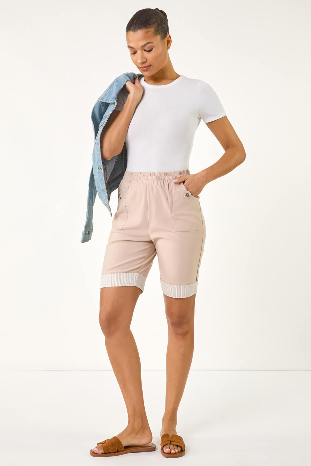 Stone Bengaline Turn Up Stripe Stretch Shorts, Image 3 of 5