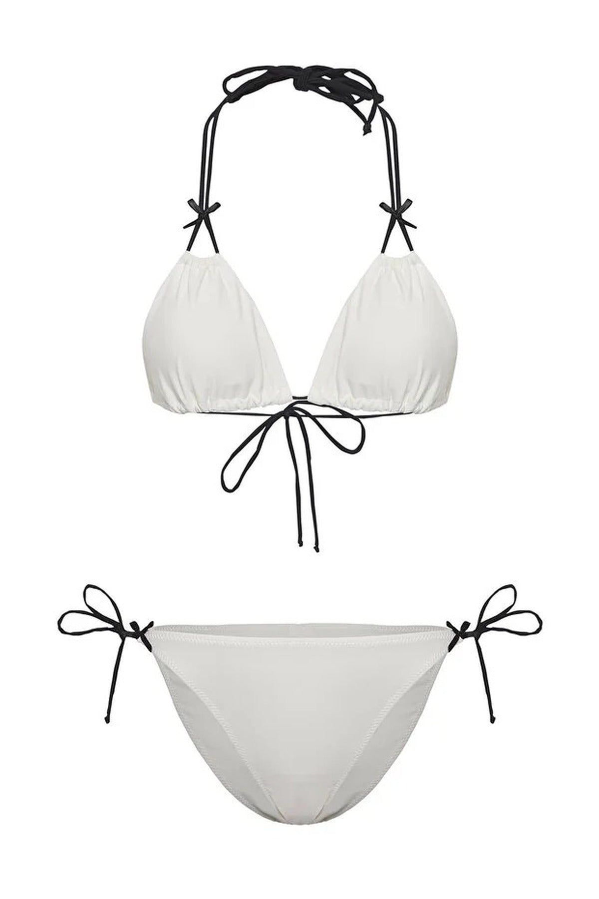White Contrast Triangle Bikini Set with Tie Side Bottom and Halterneck, Image 2 of 4