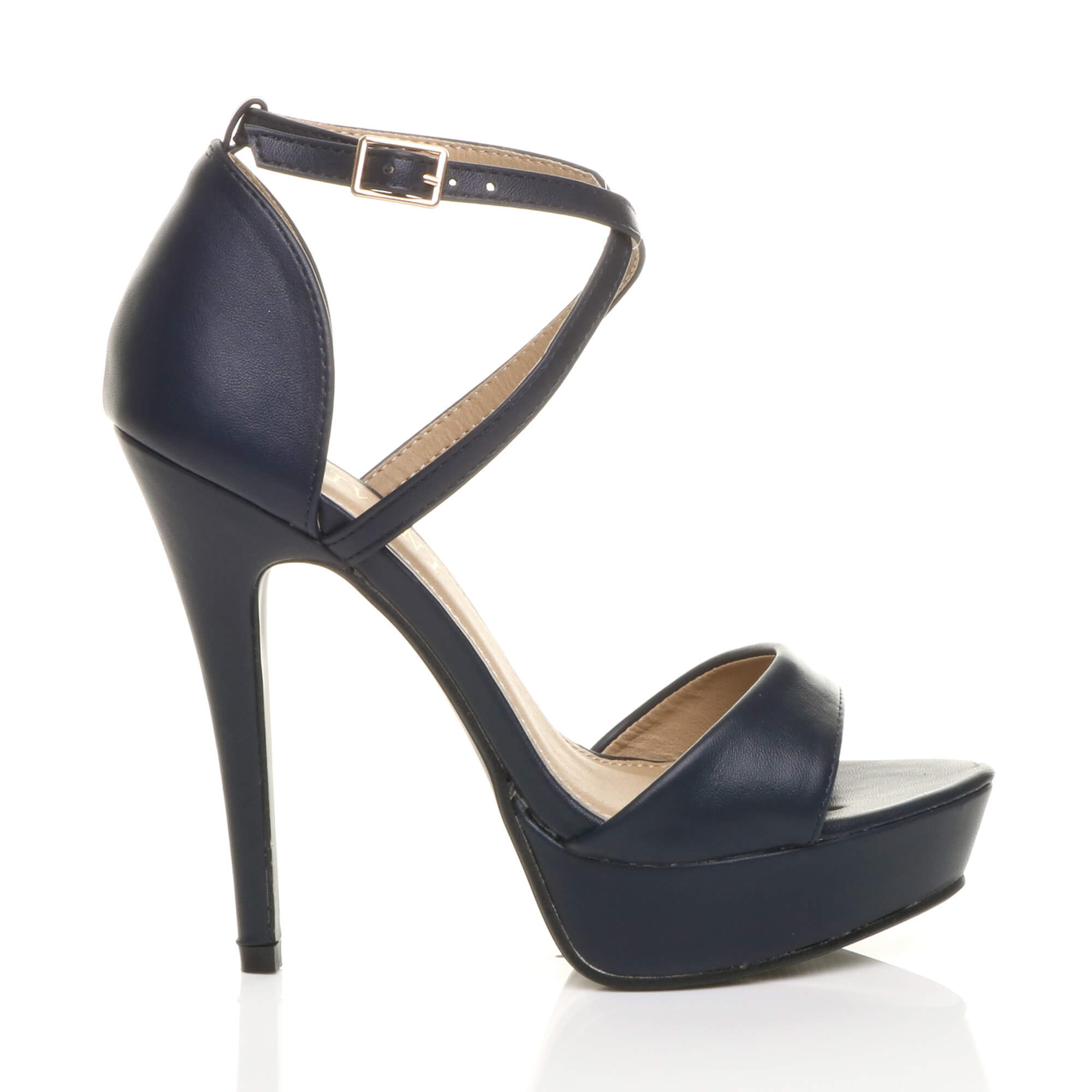 Navy Blue AJVANI Navy Blue High Heel Crossed Straps Platform Sandals, Image 2 of 6