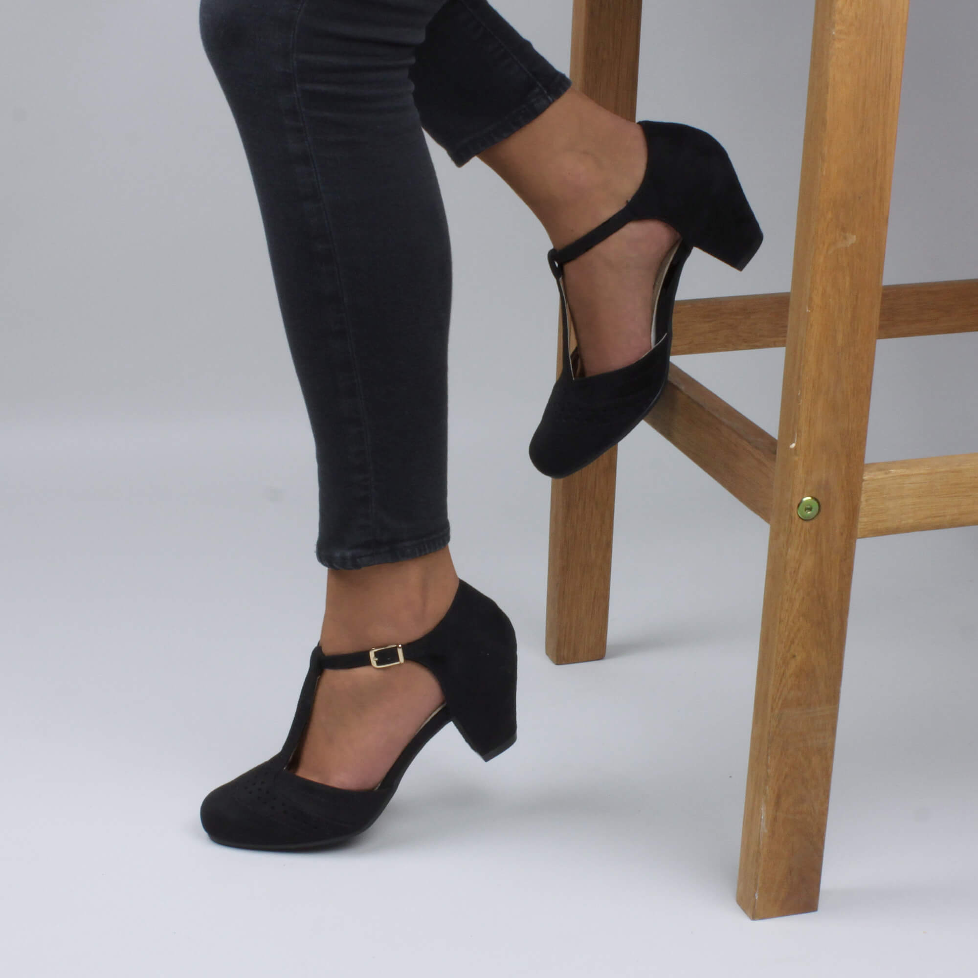 Black Mid Heel Comfort T-Bar Brogue 2 Part Heels, Image 5 of 6