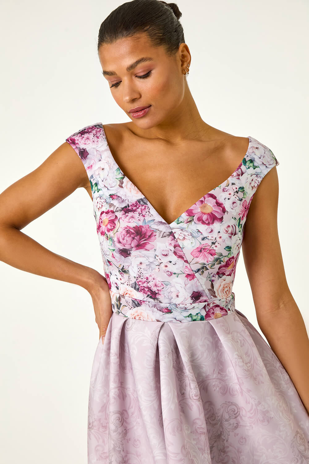 Pink Sweetheart Neck Floral Premium Stretch Midi Dress, Image 5 of 5