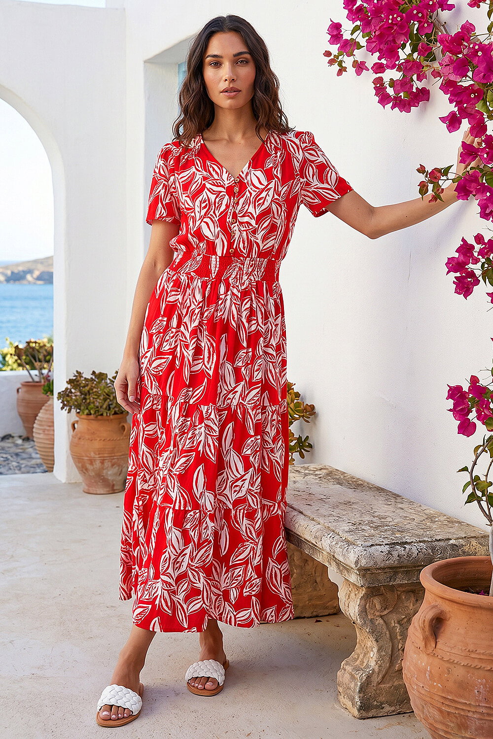 Red Leaf Print Shirred Maxi Dress, Image 3 of 4