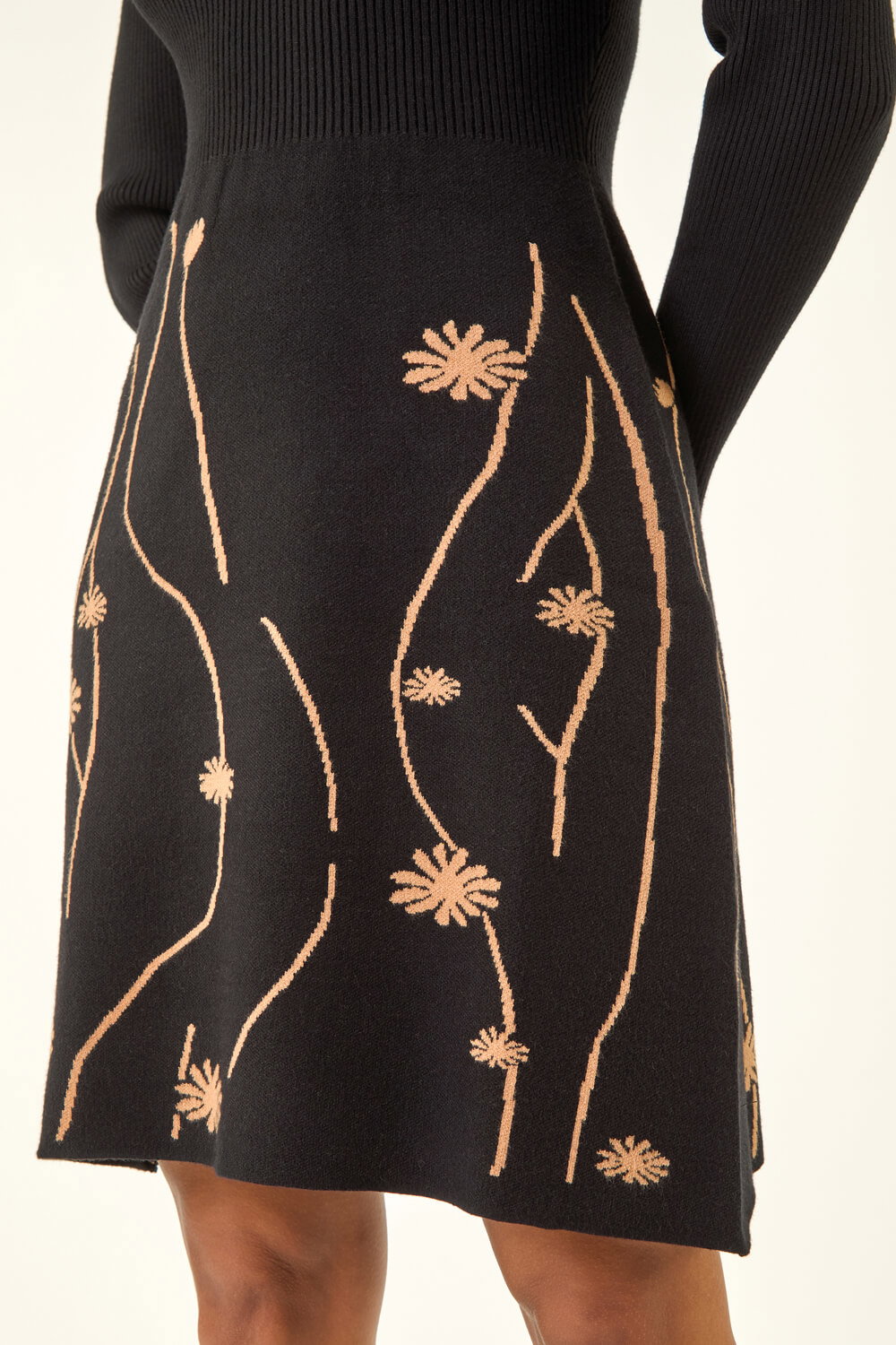 Black Ribbed Knit Floral Stretch Dress, Image 6 of 5