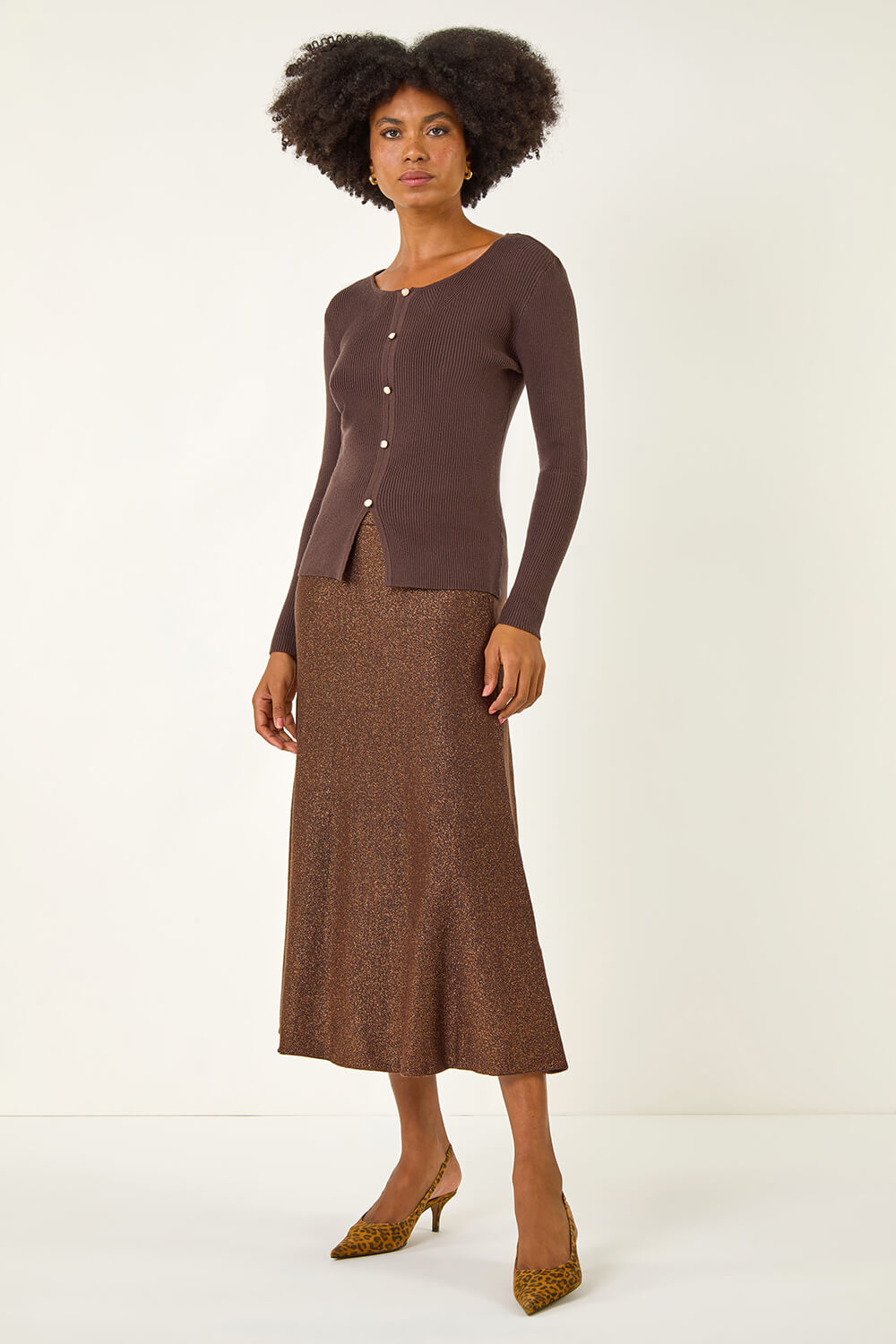 Dark Brown Shimmer Knit Midi Skirt, Image 4 of 5