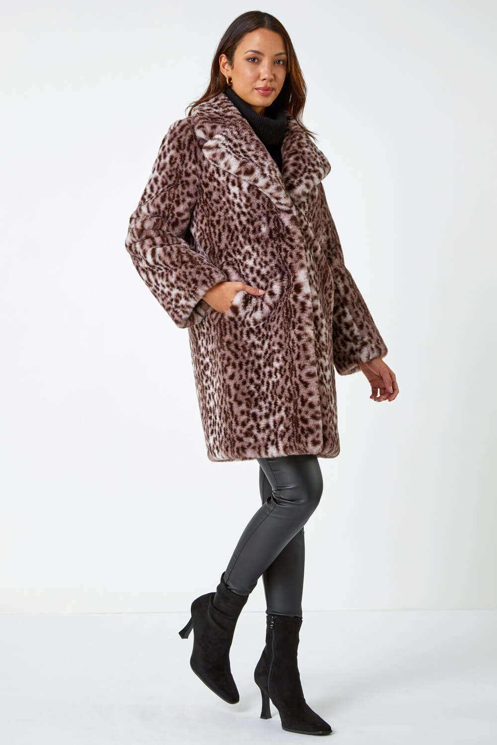 Taupe Premium Animal Print Faux Fur Coat, Image 3 of 5