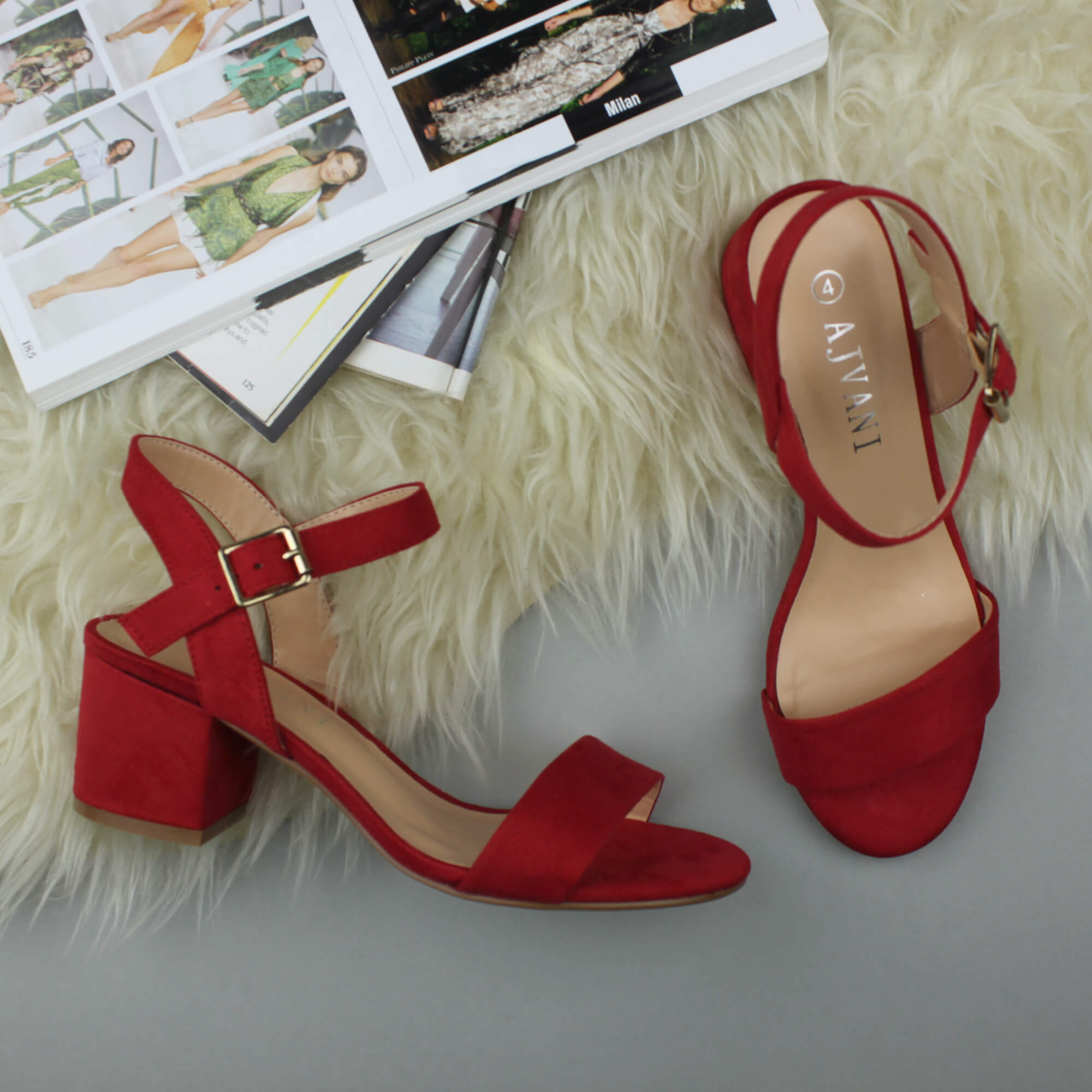 Red AJVANI Red Mid Block Heel Strappy Sandals, Image 4 of 6