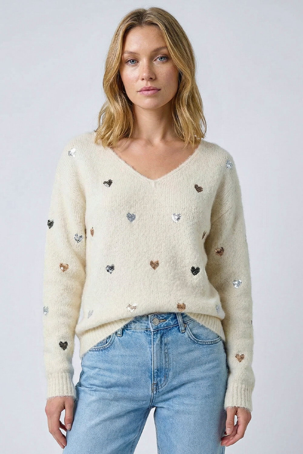 Ivory Sequin Heart Fluffy Knit Jumper, Image 3 of 5