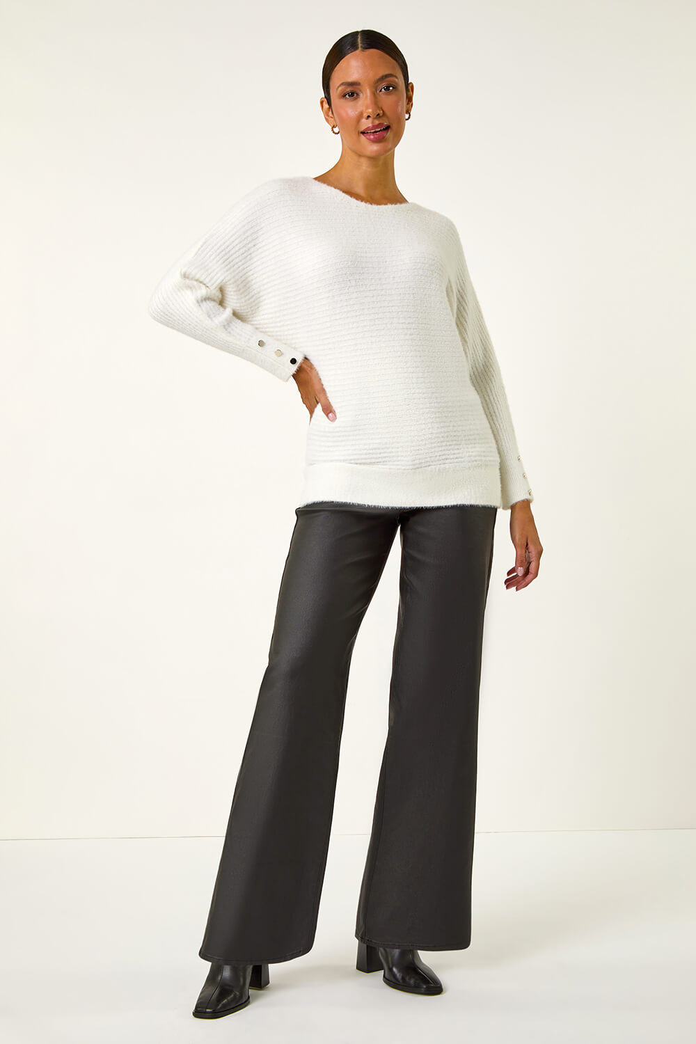 Ivory Button Sleeve Fluffy Jumper, Image 1 of 5