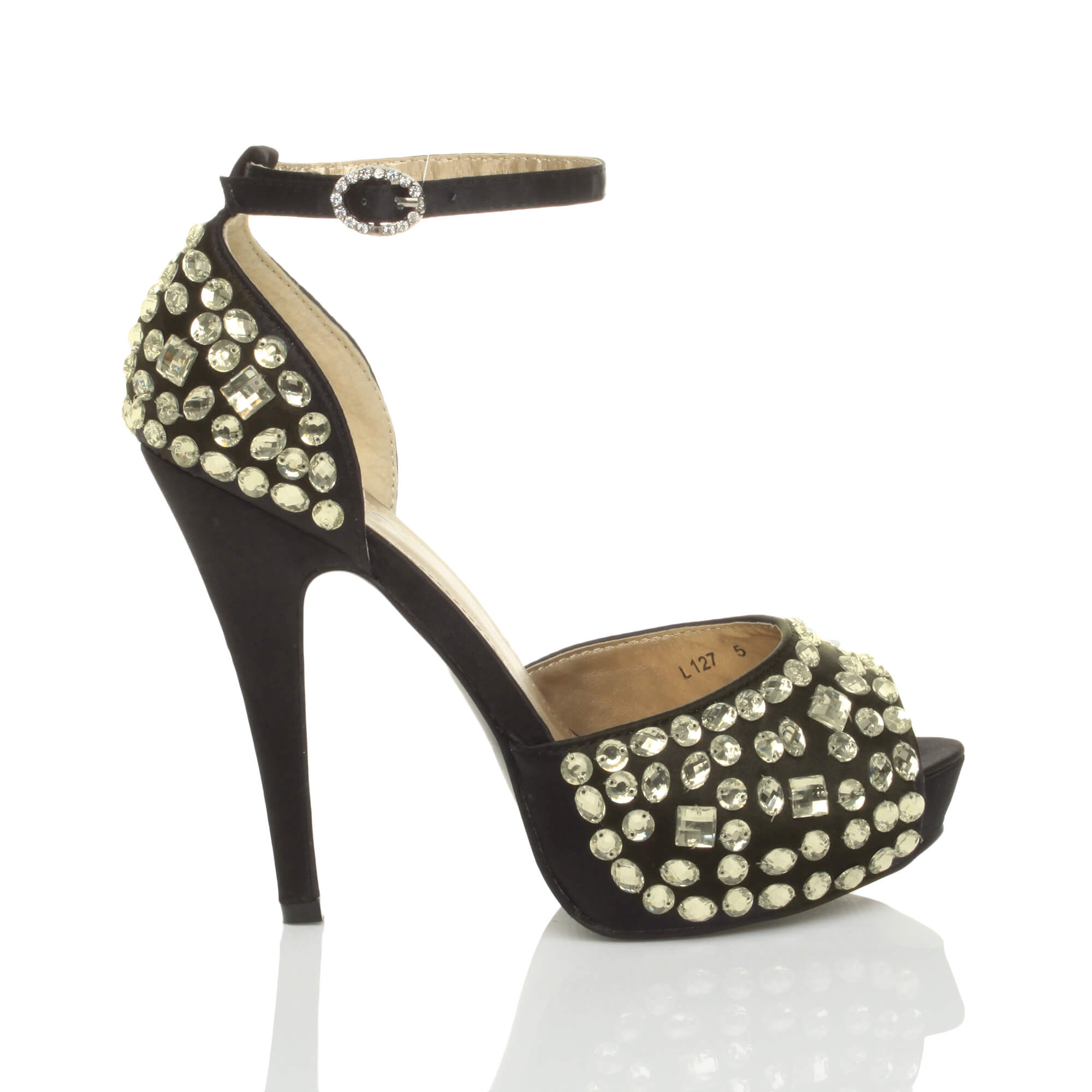 Black High Heel Gem Ankle Strap Peep Toe 2 Part Heels, Image 2 of 6