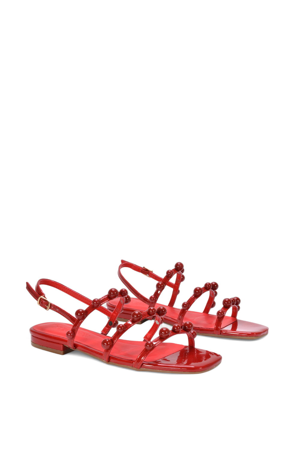 Red XY LONDON Red 'Pamela' Flat Strappy Sandals with Beaded Detail, Image 3 of 5