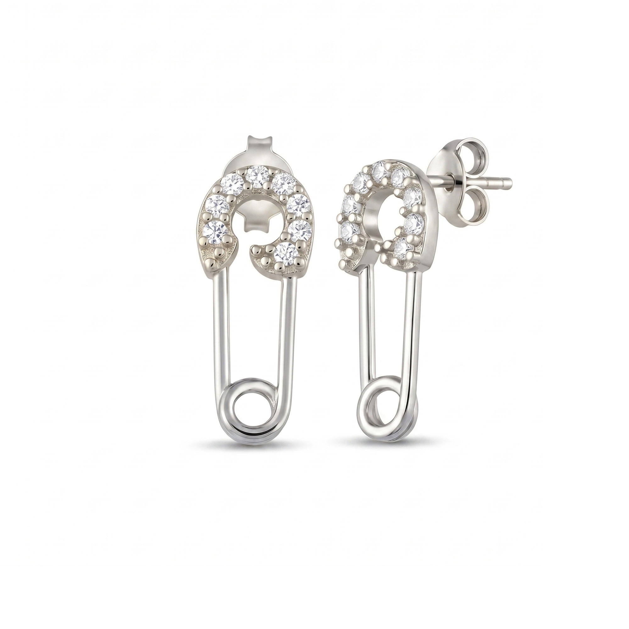 Silver Sterling Silver Jewelled Mini Safety Pin Stud Earring, Image 1 of 5