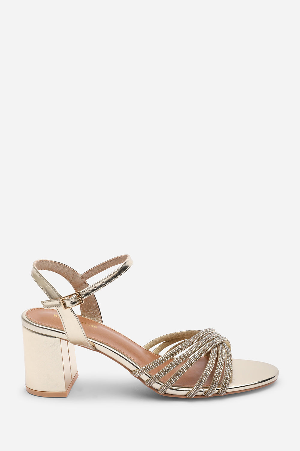 Gold Bellini Cross Over Diamante Strap Block Heel Sandals, Image 2 of 6